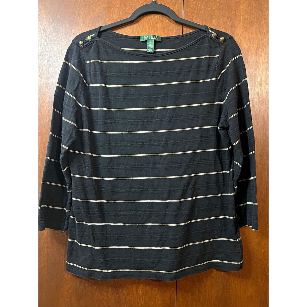 Lauren Ralph Lauren Women's Knit Boat Neck 3/4 Sleeve Black Gold Striped Top L